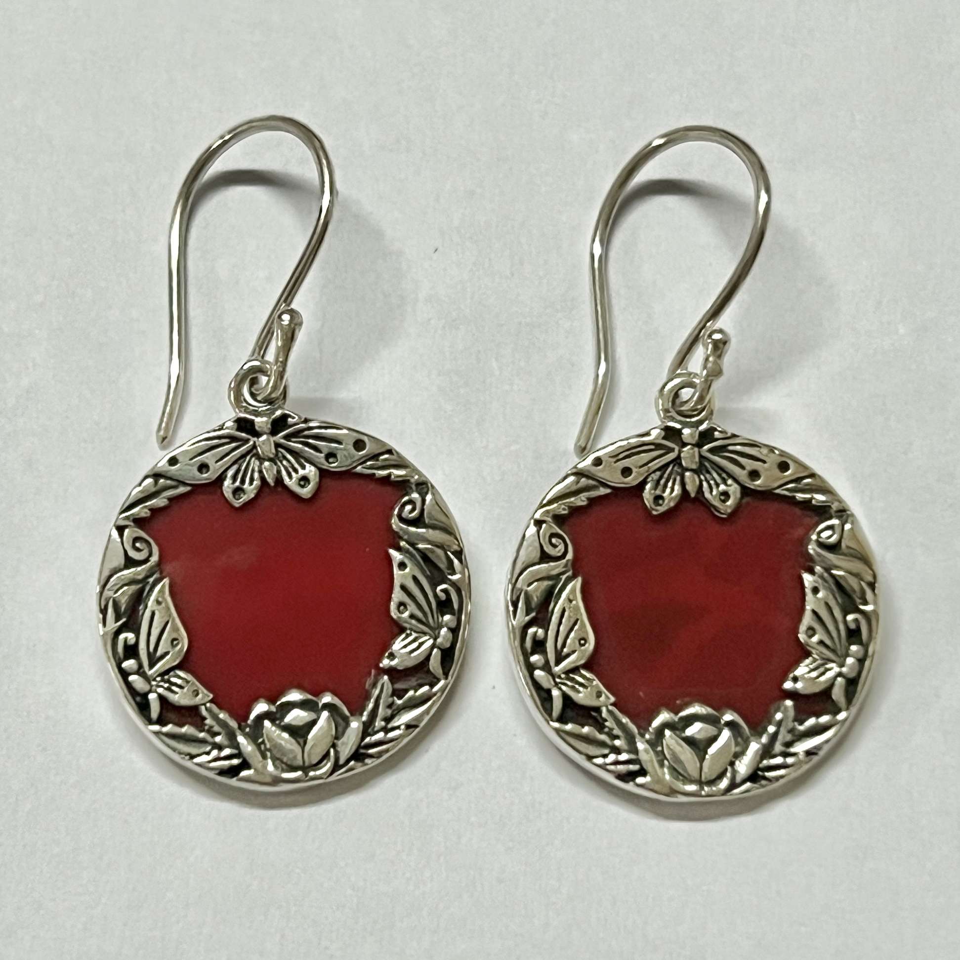 (HANDMADE BALI 925 STERLING SILVER BUTTERFLY EARRINGS WITH CORAL)